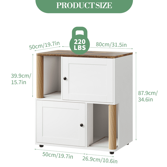 Cat Litter Box Enclosure for 2 Cats, 31.5'' Double Litter Box Enclosure with Scratching Post, 2 Tiered Hidden Cat Cabinet Furniture with Litter Mats, Cats House