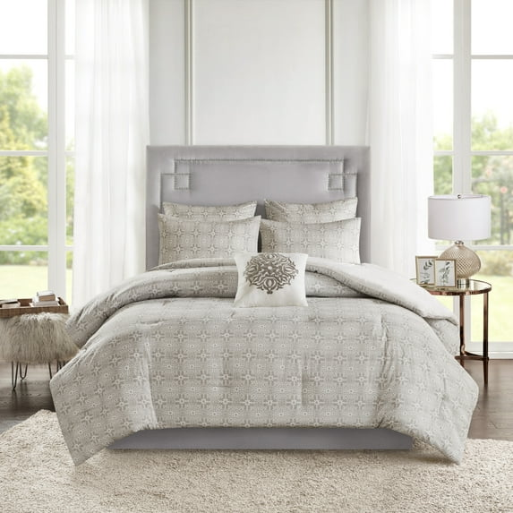 Madison Park King/Cal King Size 6 Piece Embroidered Cotton Reversible Comforter Set Ivory,Bed in a Bag,All Season Bed Set