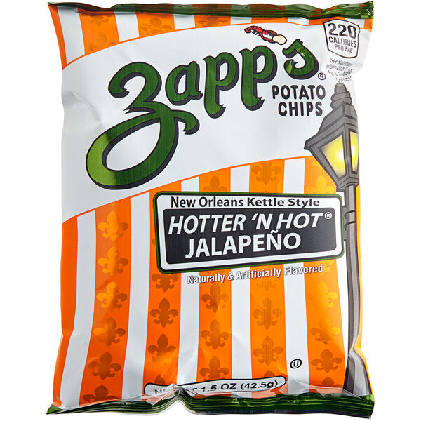 Zapp's Hotter 'N Hot Jalapeño Kettle Cooked Potato Chips 1.5 oz. - 60/Case | Single Serve Spicy Chips