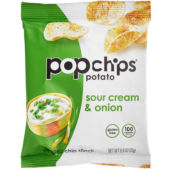 Popchips Sour Cream & Onion Popped Potato Chips 0.8 oz. Snack Bags (24/Case) | Gluten Free Potato Crisps