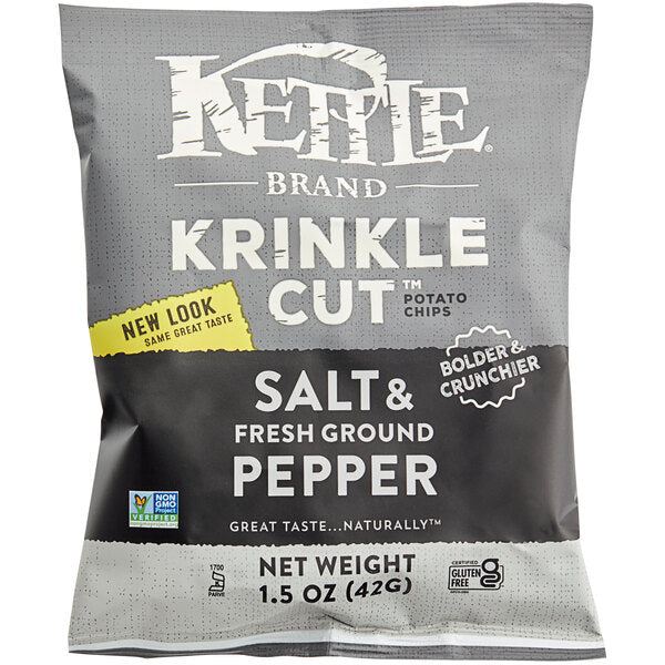 Kettle Brand Salt & Fresh Ground Pepper Krinkle Cut Potato Chips 1.5 oz. Individual Bags (24/Case) | Crinkle Cut Kettle Chips