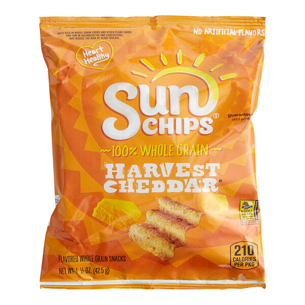 Sun Chips Harvest Cheddar Whole Grain Chips 1.5 oz. - 64/Case | Single Serve Multigrain Snack Bags
