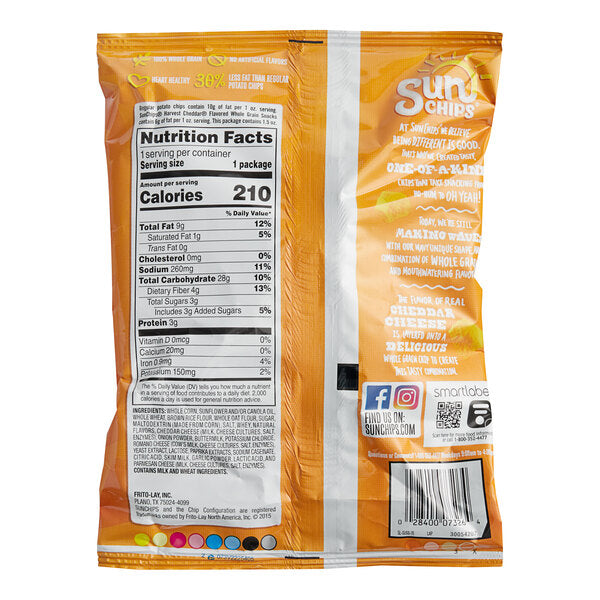 Sun Chips Harvest Cheddar Whole Grain Chips 1.5 oz. - 64/Case | Single Serve Multigrain Snack Bags