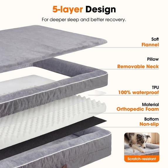 Extra Large Orthopedic Dog Bed Waterproof Pet Sofa Bed Four-Sided Bolster Cushion with Removable Washable Cover for Big Dogs Gray
