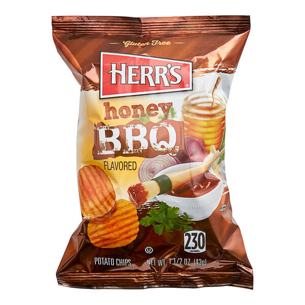 Herr's Honey BBQ Potato Chips 1.5 oz. Single Serve Bags (60/Case) | Gluten Free Ridged Potato Chips