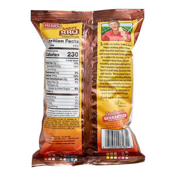 Herr's Honey BBQ Potato Chips 1.5 oz. Single Serve Bags (60/Case) | Gluten Free Ridged Potato Chips
