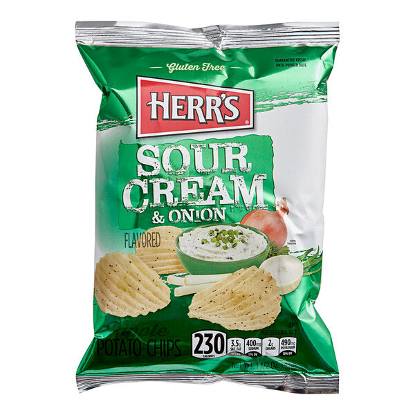 Herr's Sour Cream & Onion Potato Chips 1.5 oz. Single Serve Bags (60/Case) | Ridged Potato Chips