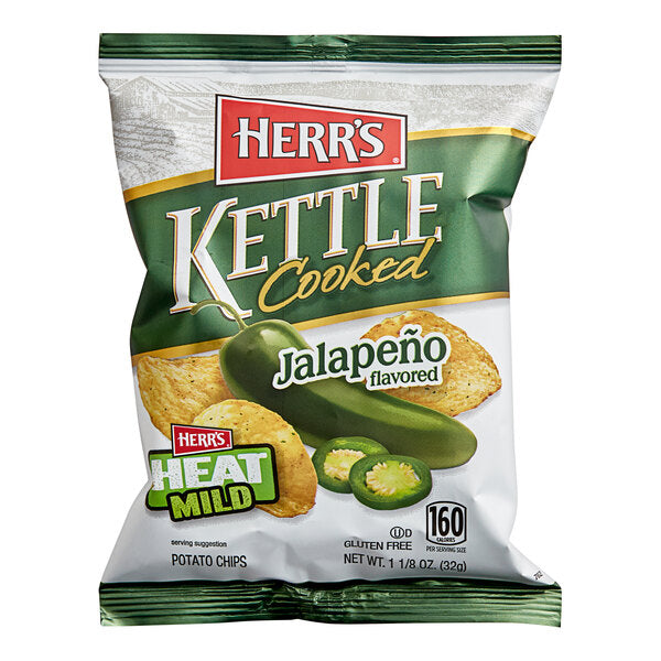 Herr's Kettle Cooked Jalapeño Potato Chips 1.125 oz. Single Serve Bags (60/Case) | Gluten Free Kettle Chips