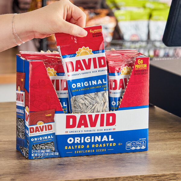 David Roasted Salted Whole Sunflower Seeds 1.6 oz. - 144/Case | Individual Snack Bags