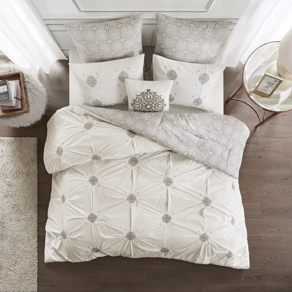 Madison Park King/Cal King Size 6 Piece Embroidered Cotton Reversible Comforter Set Ivory,Bed in a Bag,All Season Bed Set
