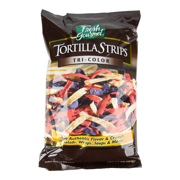 Fresh Gourmet Tri-Color Tortilla Strips 1 lb. Bag (10/Case) | Crispy Salad & Soup Topping