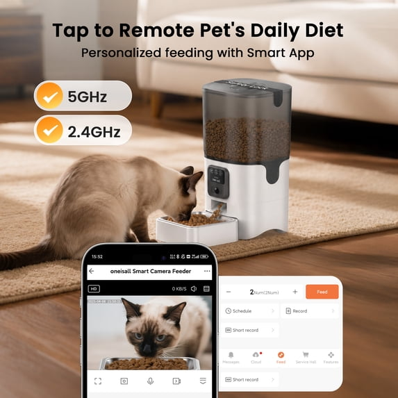 Oneisall WF-63 5GHz & 2.4GHz Automatic Cat Food Dispenser, 6L/25 Cups Automatic Cat Feeder with Camera, White