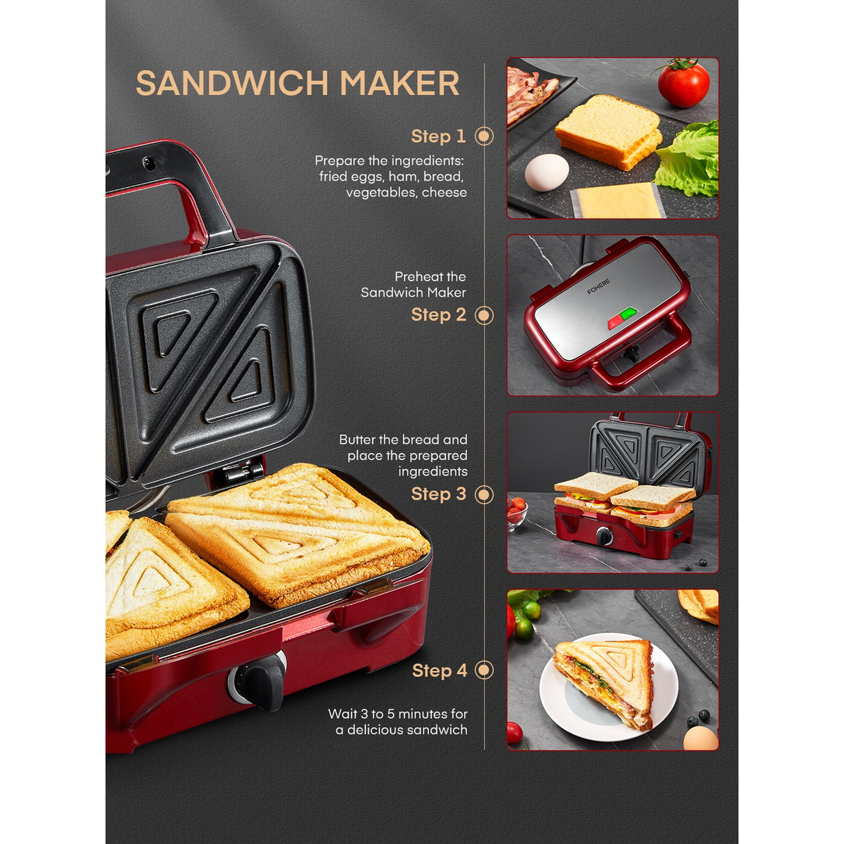 Waffle Maker 3 in 1 Sandwich Maker 1200W Panini Press with Removable Plates and 5-gear Temperature Control