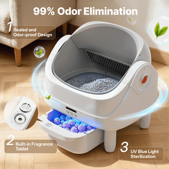 Self-Cleaning Cat Litter Box for Multiple Cats, Automatic 65 L Capacity with WiFi APP Control, Health Monitoring, Odor Control, Quiet Operation, Includes 2 Liner Rolls, Easy Setup