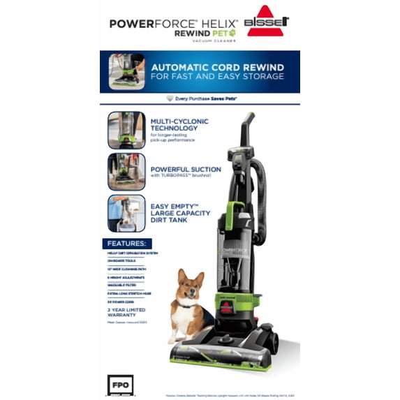 BISSELL PowerForce Helix Turbo Rewind Pet, Upright Vacuum, Pet Friendly, Automatic Cord Rewind, Powerful Pet Hair Pickup, Extra-Wide Cleaning Path, 3333, Black & Green
