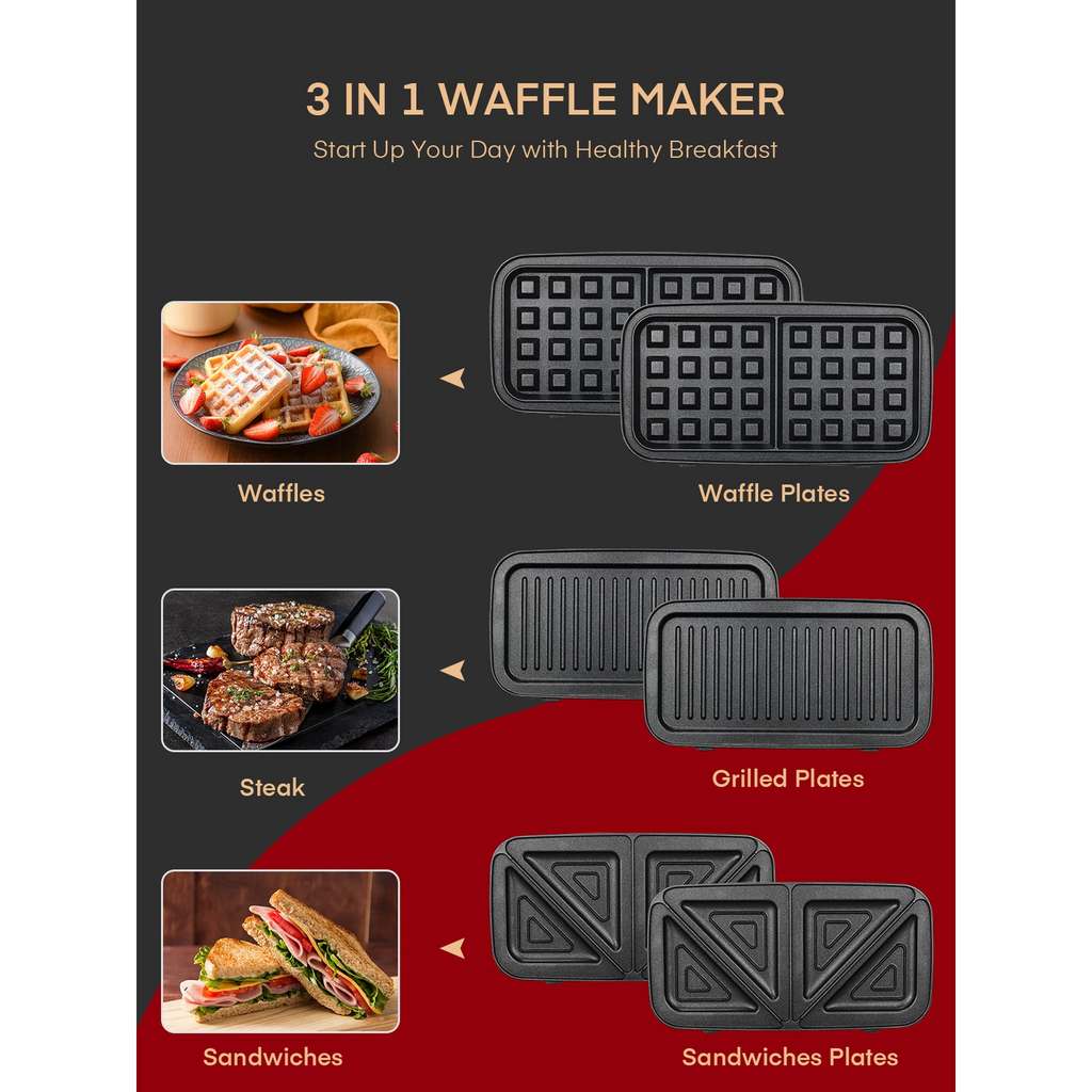Waffle Maker 3 in 1 Sandwich Maker 1200W Panini Press with Removable Plates and 5-gear Temperature Control