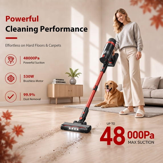 PrettyCare Cordless Vacuum Cleaner, 530W/48KPA/8 Batteries, 55mins Runtime, 9-in-1 Stick Vacuum Lightweight for Home Pet Hair Carpet Wood Floor