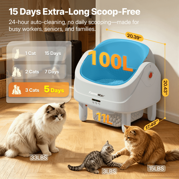 Self-Cleaning Cat Litter Box for Multiple Cats, Automatic 65 L Capacity with WiFi APP Control, Health Monitoring, Odor Control, Quiet Operation, Includes 2 Liner Rolls, Easy Setup