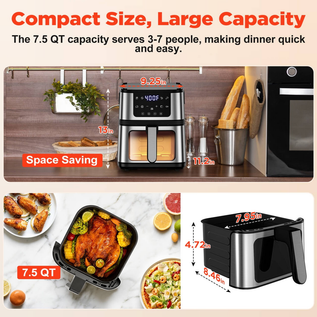 Air Fryer Oven With Grill,8-in-1 7.5Qt Multifunction Air Fryer, Digital LED Touch Screen,Nonstick Dishwasher-Safe Basket,95% Less Oil,100Pcs Liner
