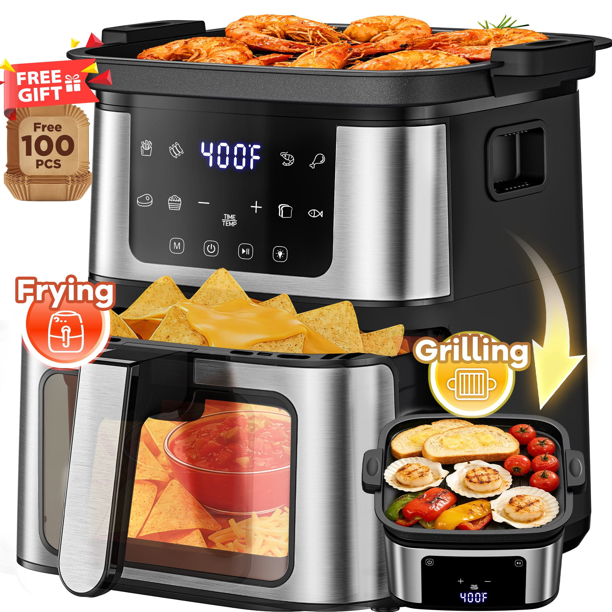Air Fryer Oven With Grill,8-in-1 7.5Qt Multifunction Air Fryer, Digital LED Touch Screen,Nonstick Dishwasher-Safe Basket,95% Less Oil,100Pcs Liner