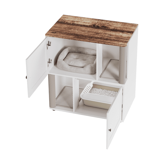 Cat Litter Box Enclosure for 2 Cats, 31.5'' Double Litter Box Enclosure with Scratching Post, 2 Tiered Hidden Cat Cabinet Furniture with Litter Mats, Cats House