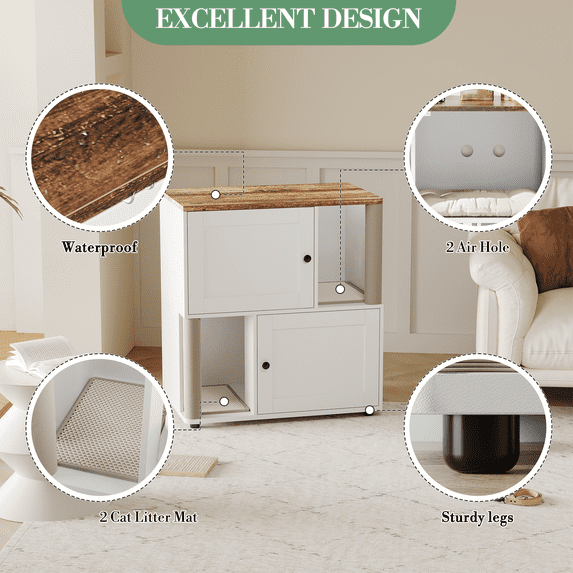 Cat Litter Box Enclosure for 2 Cats, 31.5'' Double Litter Box Enclosure with Scratching Post, 2 Tiered Hidden Cat Cabinet Furniture with Litter Mats, Cats House