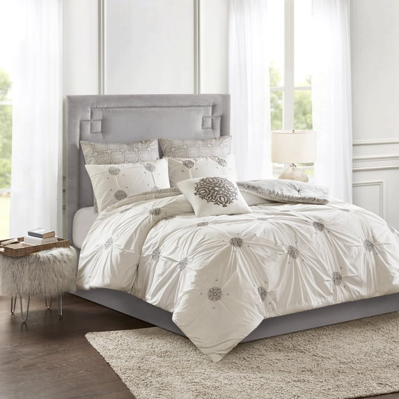 Madison Park King/Cal King Size 6 Piece Embroidered Cotton Reversible Comforter Set Ivory,Bed in a Bag,All Season Bed Set
