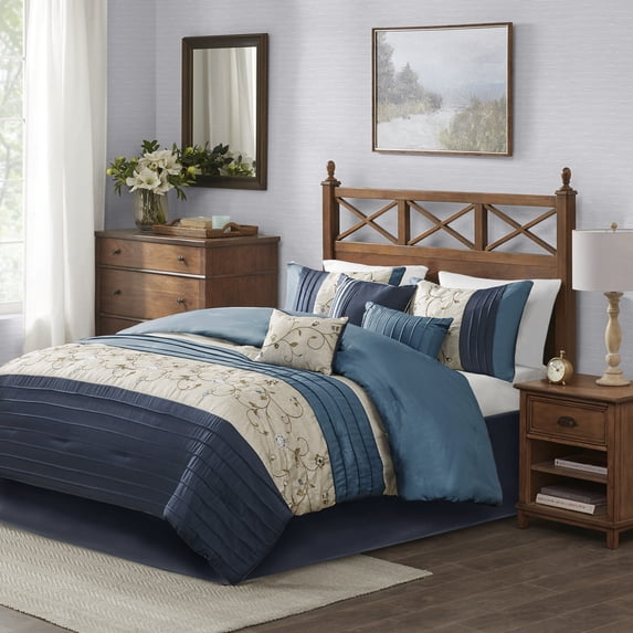 Madison Park King Size Embroidered 7 Piece Comforter Set Navy,Bed in a Bag,All Season Bed Set,Cozy and Lightweight