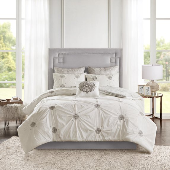Madison Park King/Cal King Size 6 Piece Embroidered Cotton Reversible Comforter Set Ivory,Bed in a Bag,All Season Bed Set