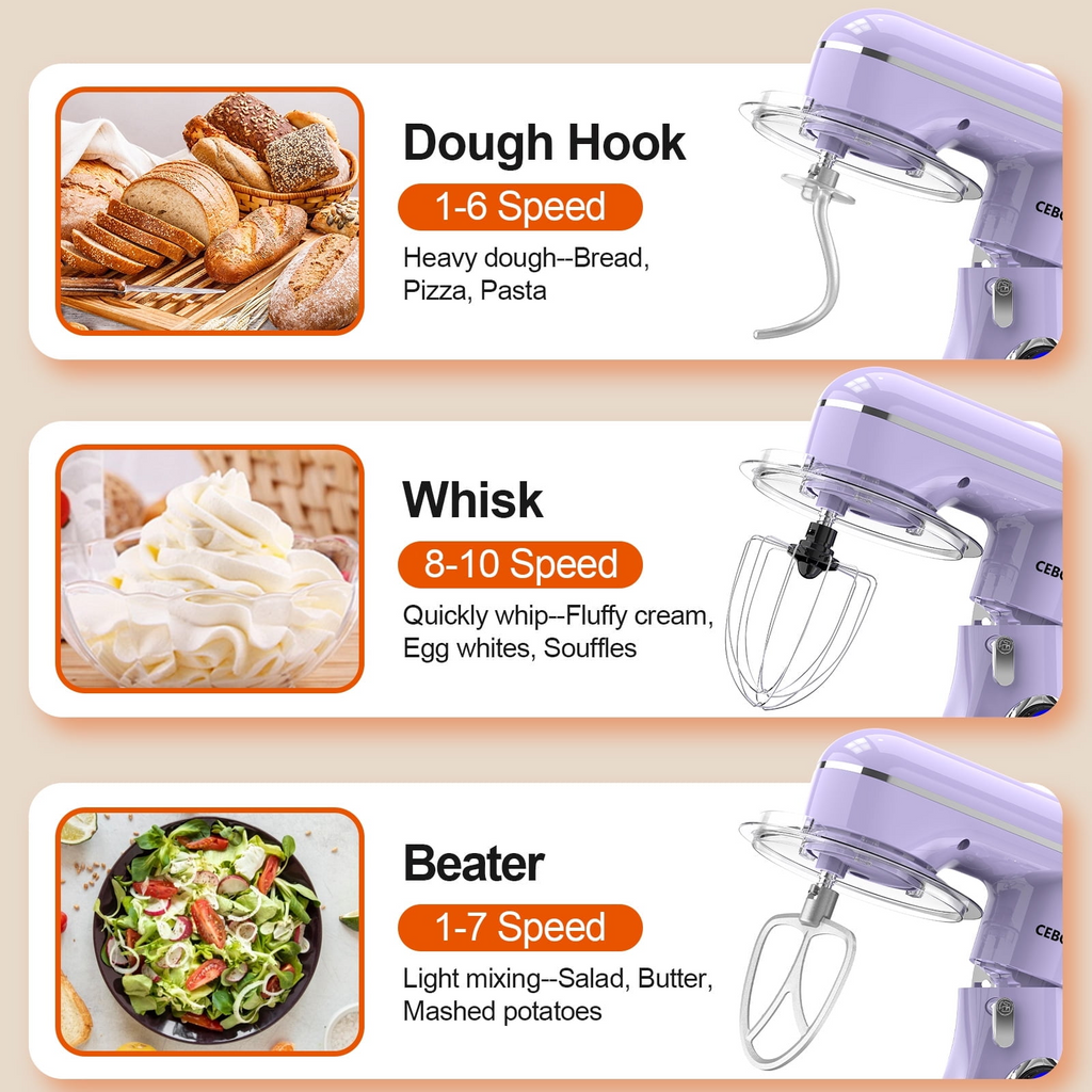 CEBORY 3-IN-1 Stand Mixer, 6.5 QT Tilt-Head 10-Speed Food Mixer, Kitchen Electric Mixer with Dough Hook, Beater, Whisk, Bowl for Most Home Cooks