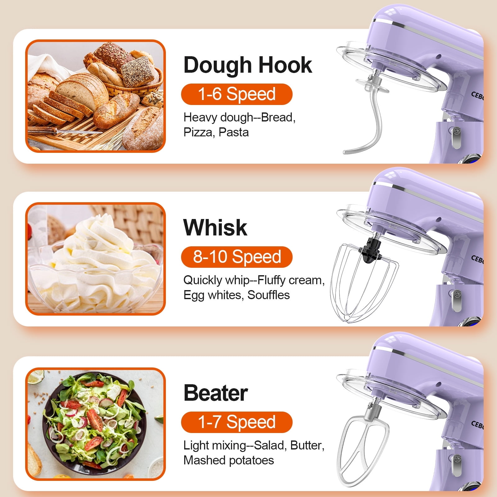 CEBORY 3-IN-1 Stand Mixer, 6.5 QT Tilt-Head 10-Speed Food Mixer, Kitchen Electric Mixer with Dough Hook, Beater, Whisk, Bowl for Most Home Cooks