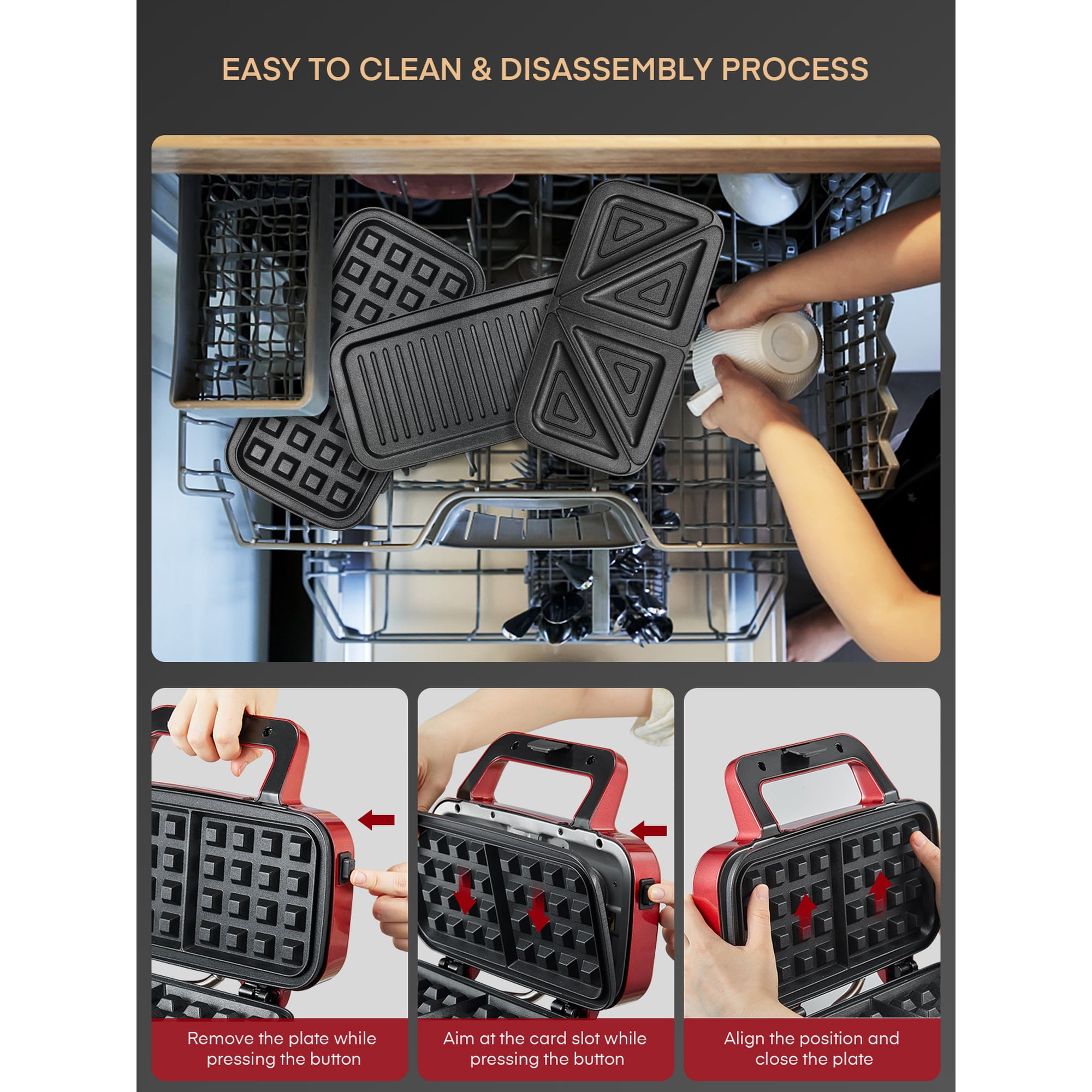 Waffle Maker 3 in 1 Sandwich Maker 1200W Panini Press with Removable Plates and 5-gear Temperature Control