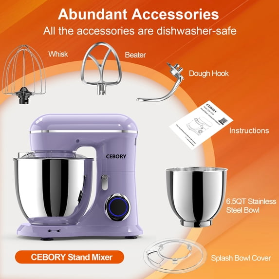 CEBORY 3-IN-1 Stand Mixer, 6.5 QT Tilt-Head 10-Speed Food Mixer, Kitchen Electric Mixer with Dough Hook, Beater, Whisk, Bowl for Most Home Cooks