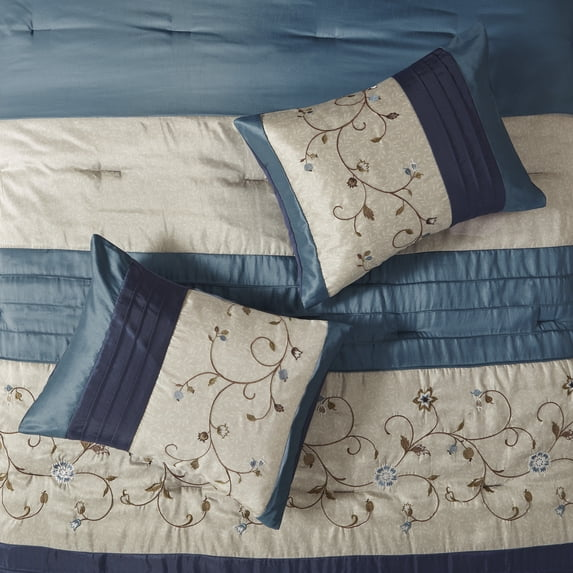 Madison Park King Size Embroidered 7 Piece Comforter Set Navy,Bed in a Bag,All Season Bed Set,Cozy and Lightweight