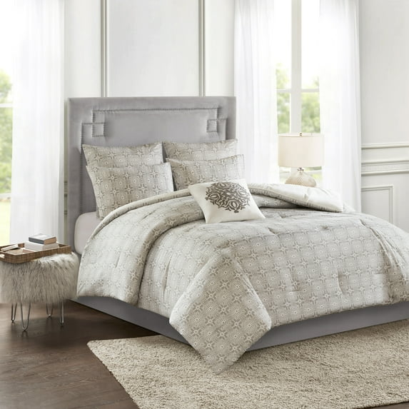Madison Park King/Cal King Size 6 Piece Embroidered Cotton Reversible Comforter Set Ivory,Bed in a Bag,All Season Bed Set