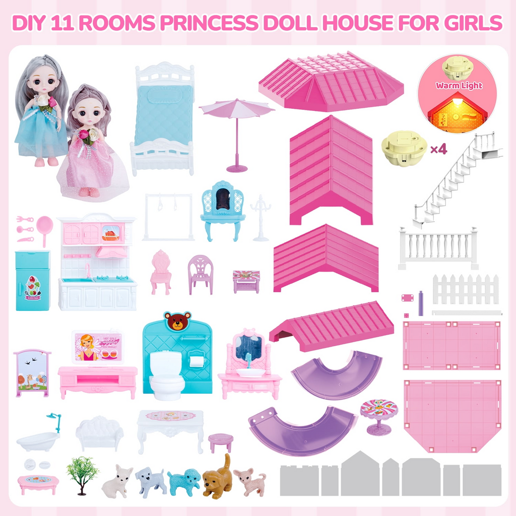 Carsky 36 inch Dollhouse Playset Girl Toys, 11 Rooms with Doll Toy Figures Toddler Playhouse Christmas Birthday Gifts
