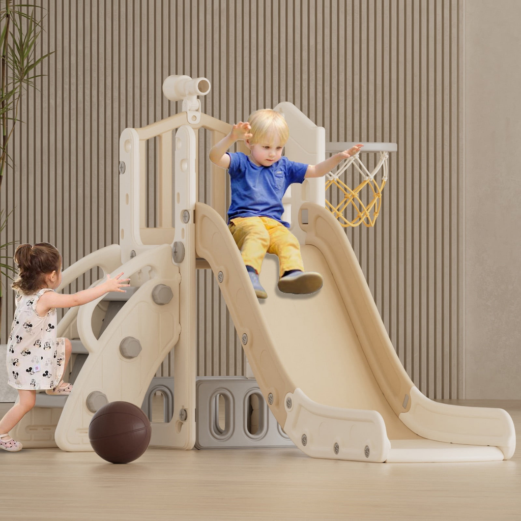 XJD 5 in 1 Toddler Slide, Kids Climber Slide with Basketball Hoop and Ball, Indoor Outdoor Playset