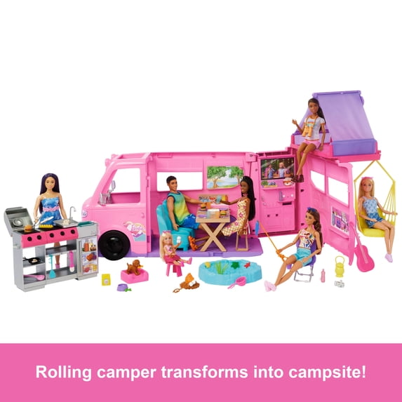 Barbie Dream Camper Playset with Roof Tent BBQ Grill Multicolor