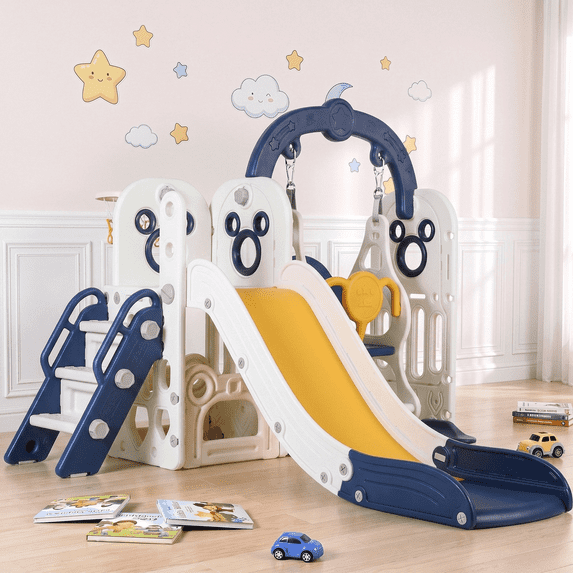 Arlopu Kids Slide & Swing Set, Large Toddler Slide Climber Playset w Ball & Basketball Hoop