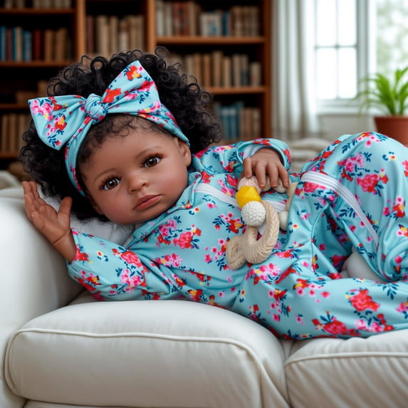 RSG 20 Inch Black Reborn Baby Doll, Handmade Soft Body Doll with Hand-Rooted Hair and Realistic Details