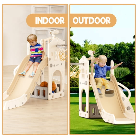 XJD 5 in 1 Toddler Slide, Kids Climber Slide with Basketball Hoop and Ball, Indoor Outdoor Playset