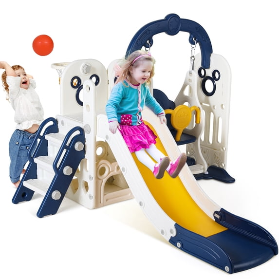 Arlopu Kids Slide & Swing Set, Large Toddler Slide Climber Playset w Ball & Basketball Hoop