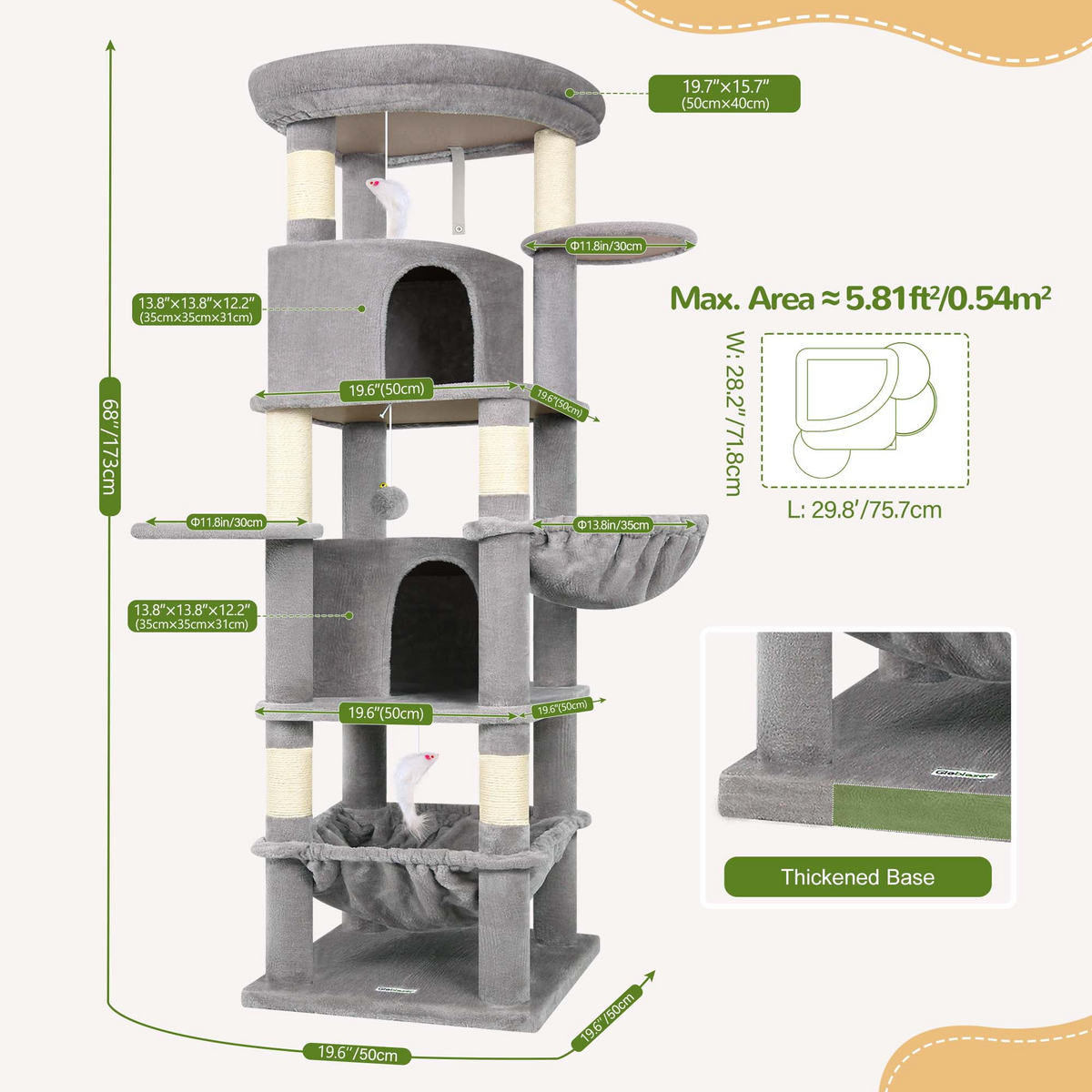 Globlazer 68 Corner Cat Tree Tower for Indoor Cats with 6 Scratching Posts & 2 Condos