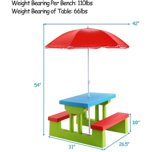 Costway 4 Seat Kids Picnic Table with Umbrella Garden Children Bench Outdoor