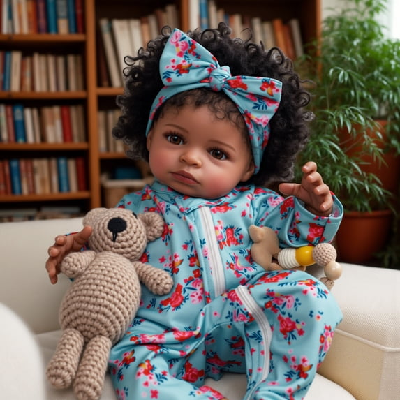 RSG 20 Inch Black Reborn Baby Doll, Handmade Soft Body Doll with Hand-Rooted Hair and Realistic Details