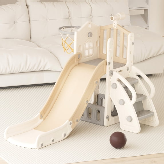 XJD 5 in 1 Toddler Slide, Kids Climber Slide with Basketball Hoop and Ball, Indoor Outdoor Playset