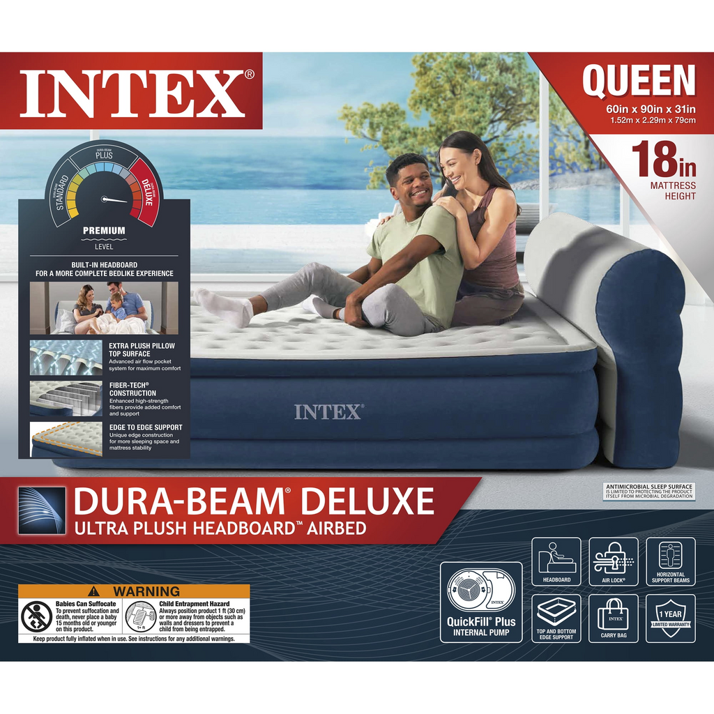Intex Headboard 18" Queen Dura-Beam Deluxe Raised Air Bed Mattress with Built-in Pump