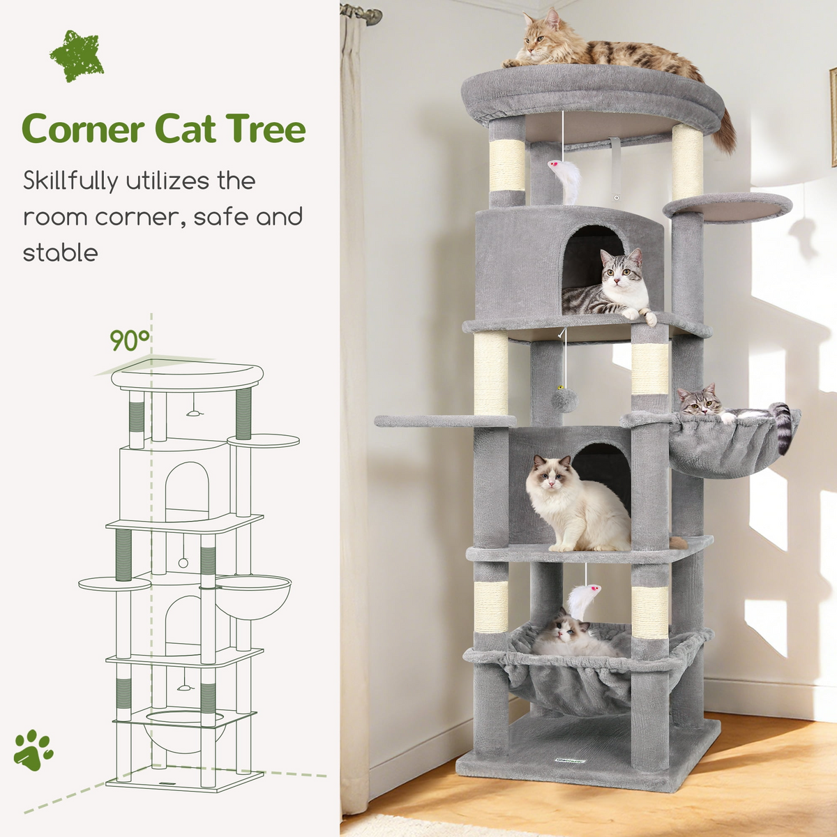 Globlazer 68 Corner Cat Tree Tower for Indoor Cats with 6 Scratching Posts & 2 Condos
