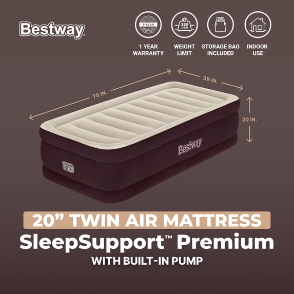 Bestway Maroon SleepSupport Premium Air Mattress 20” with Built-in AC Pump