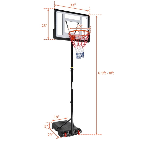 Ktaxon 33 In. Portable Basketball Hoop Stand, 6.5-8 ft Adjustable Basketball Goal System